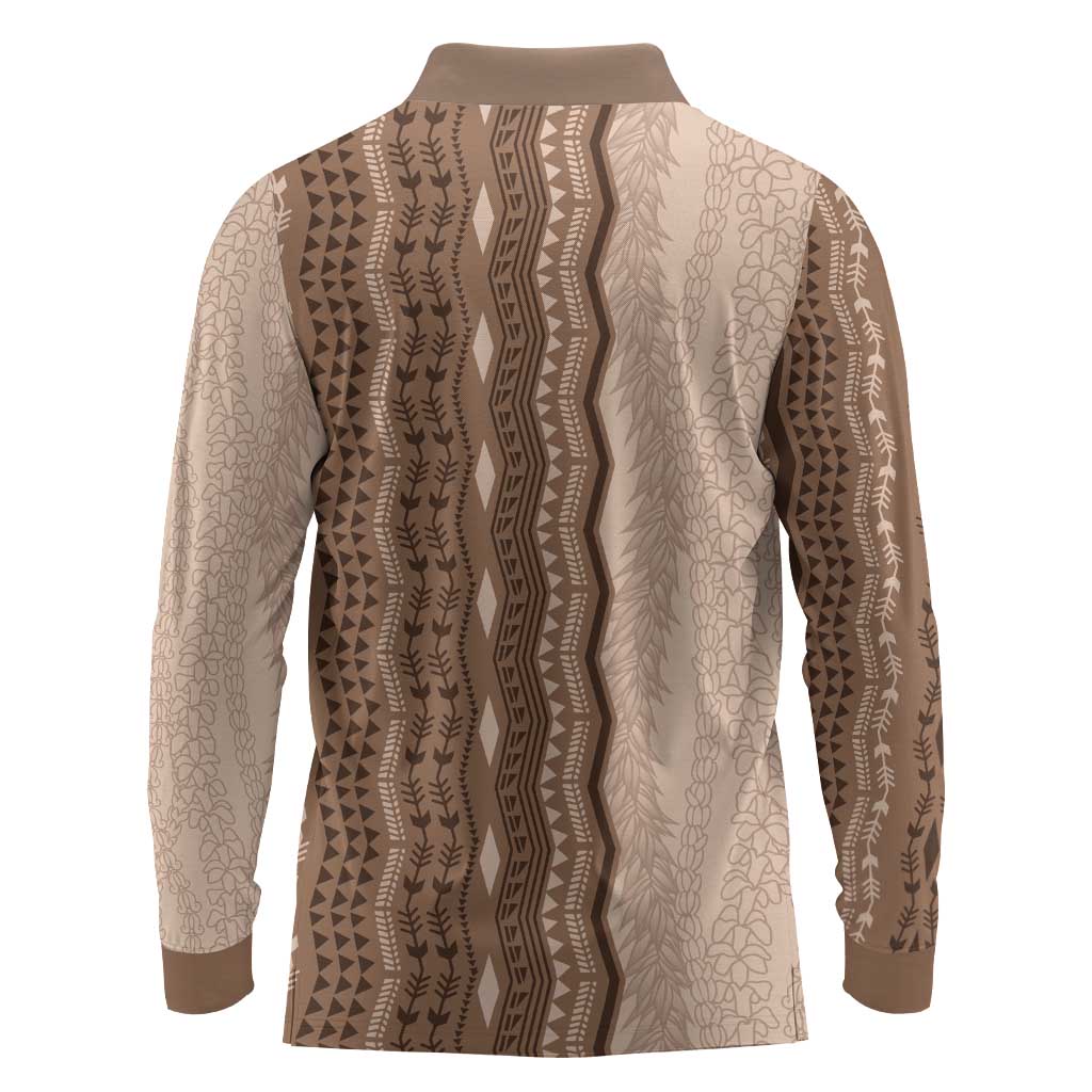 Vintage Beige Hawaiian Traditional Kapa Mix Flowers Lei Long Sleeve Polo Shirt LT7 - Polynesian Pride