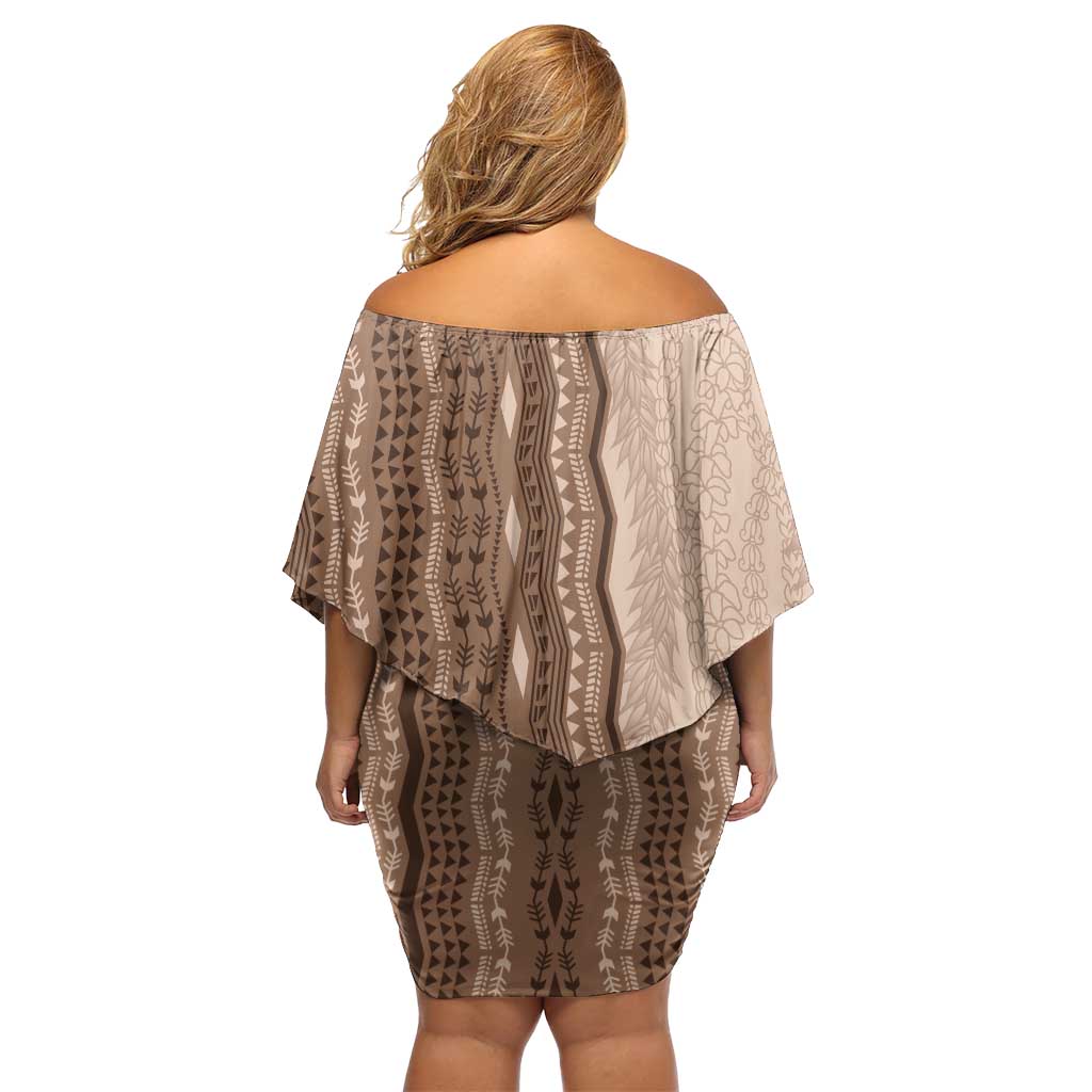 Vintage Beige Hawaiian Traditional Kapa Mix Flowers Lei Off Shoulder Short Dress