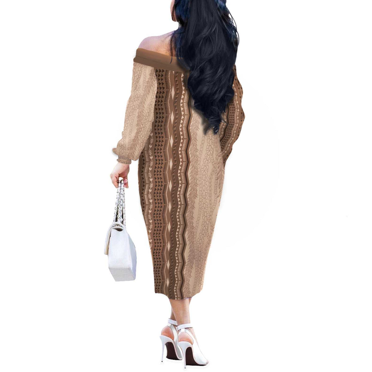 Vintage Beige Hawaiian Traditional Kapa Mix Flowers Lei Off The Shoulder Long Sleeve Dress LT7 - Polynesian Pride