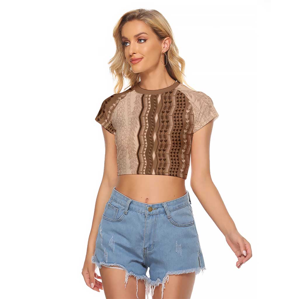 Vintage Beige Hawaiian Traditional Kapa Mix Flowers Lei Raglan Cropped T Shirt