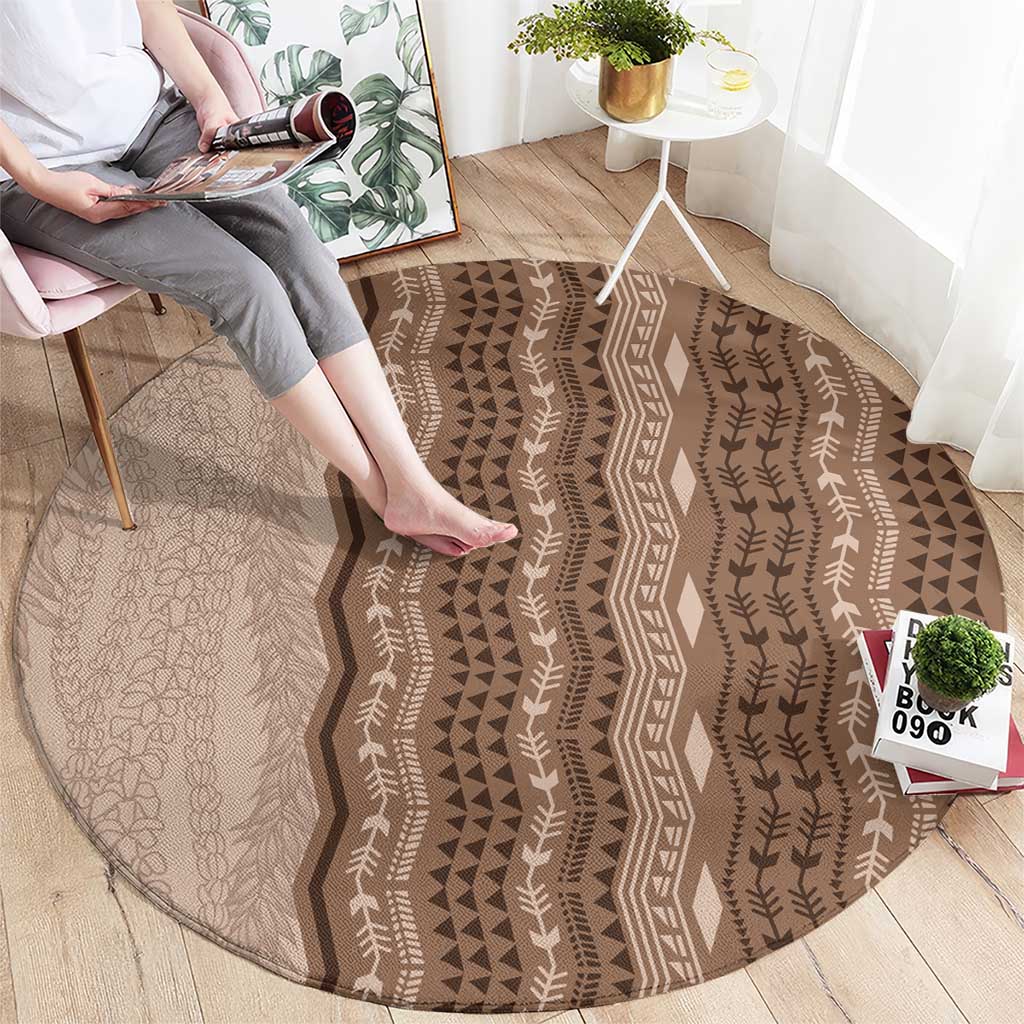 Vintage Beige Hawaiian Traditional Kapa Mix Flowers Lei Round Carpet