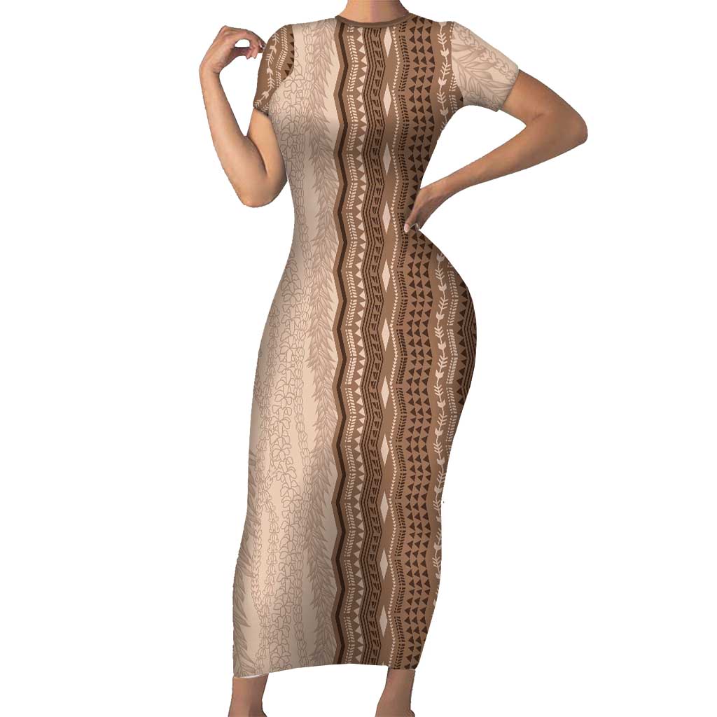 Vintage Beige Hawaiian Traditional Kapa Mix Flowers Lei Short Sleeve Bodycon Dress LT7 Long Dress Beige - Polynesian Pride