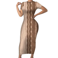 Vintage Beige Hawaiian Traditional Kapa Mix Flowers Lei Short Sleeve Bodycon Dress LT7 Long Dress Beige - Polynesian Pride
