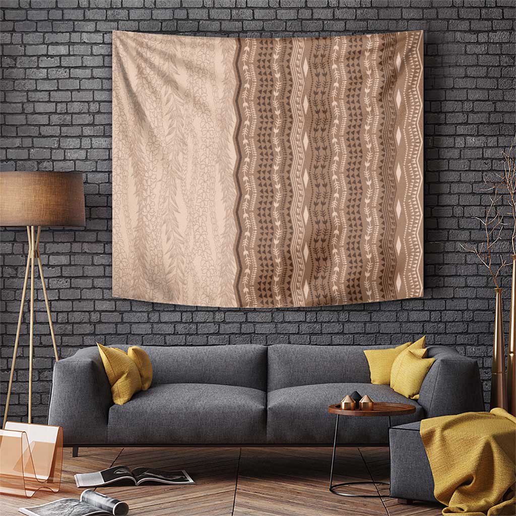 Vintage Beige Hawaiian Traditional Kapa Mix Flowers Lei Tapestry