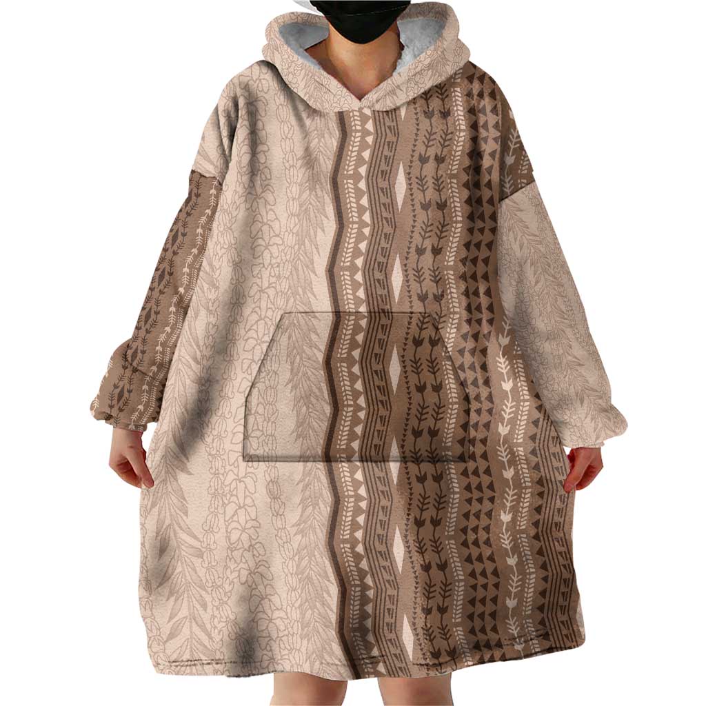 Vintage Beige Hawaiian Traditional Kapa Mix Flowers Lei Wearable Blanket Hoodie LT7 - Polynesian Pride