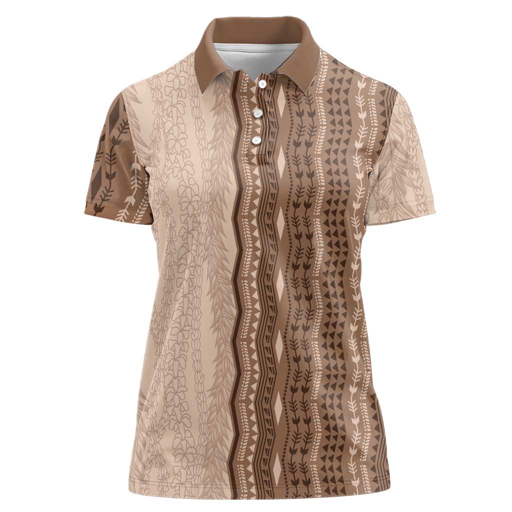 Vintage Beige Hawaiian Traditional Kapa Mix Flowers Lei Women Polo Shirt LT7 Female Beige - Polynesian Pride
