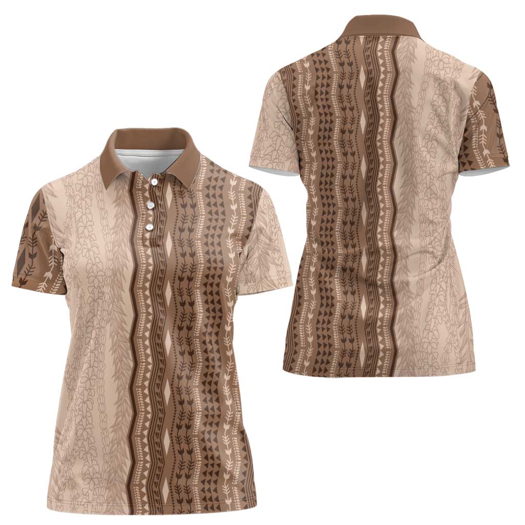 Vintage Beige Hawaiian Traditional Kapa Mix Flowers Lei Women Polo Shirt LT7 - Polynesian Pride