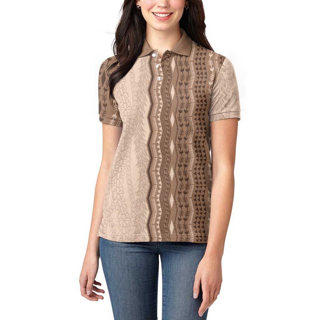 Vintage Beige Hawaiian Traditional Kapa Mix Flowers Lei Women Polo Shirt LT7 - Polynesian Pride