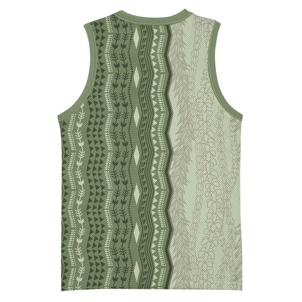 Vintage Sage Green Hawaiian Traditional Kapa Mix Flowers Lei Basketball Jersey LT7 - Polynesian Pride
