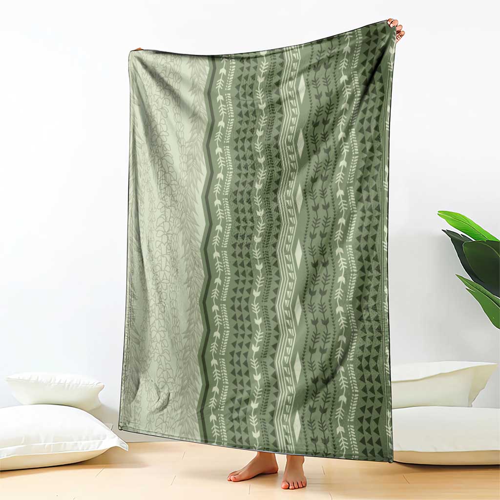 Vintage Sage Green Hawaiian Traditional Kapa Mix Flowers Lei Blanket