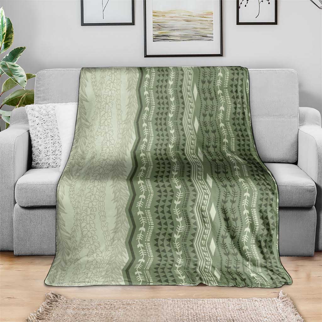 Vintage Sage Green Hawaiian Traditional Kapa Mix Flowers Lei Blanket