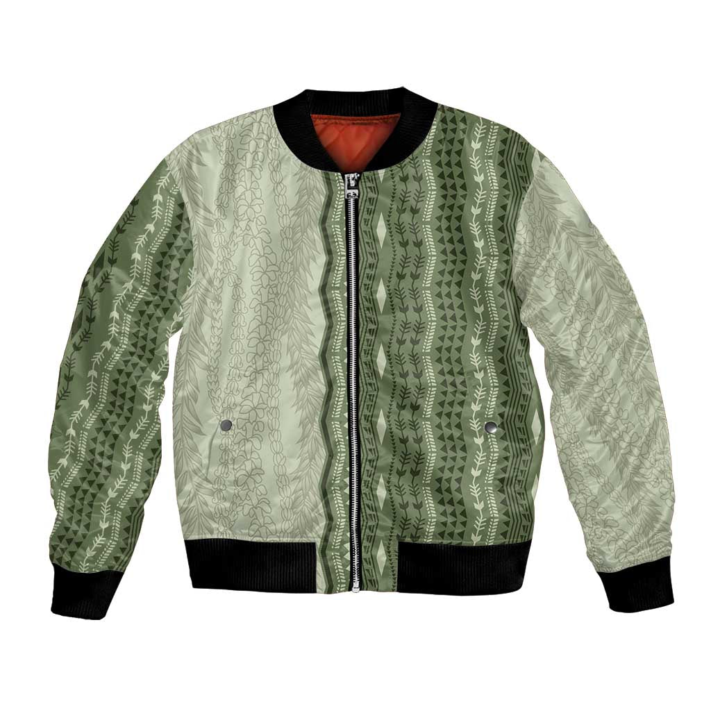 Vintage Sage Green Hawaiian Traditional Kapa Mix Flowers Lei Bomber Jacket