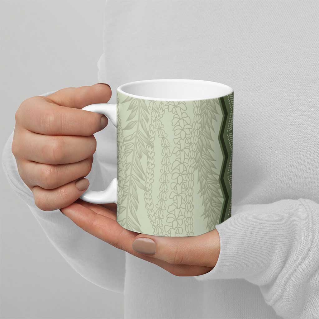 Vintage Sage Green Hawaiian Traditional Kapa Mix Flowers Lei Ceramic Mug