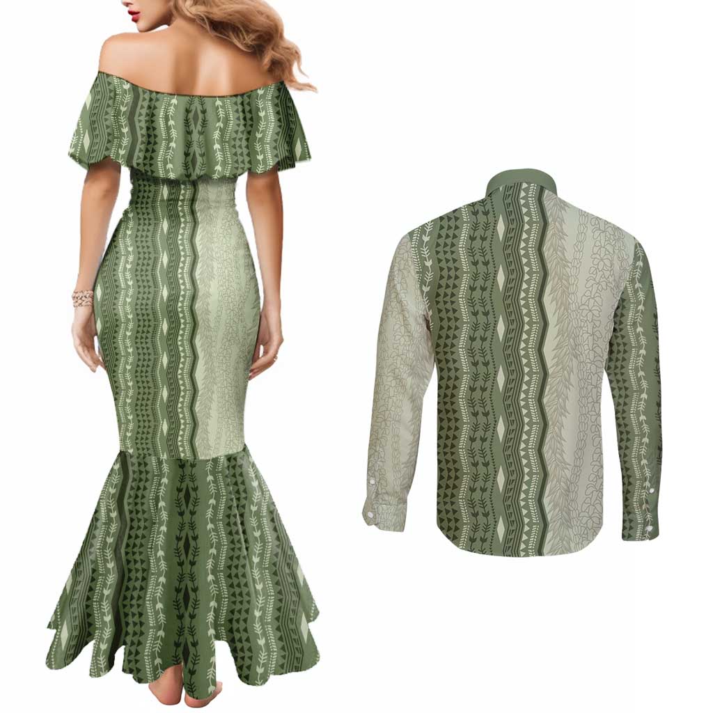 Vintage Sage Green Hawaiian Traditional Kapa Mix Flowers Lei Couples Matching Mermaid Dress and Long Sleeve Button Shirt LT7 - Polynesian Pride