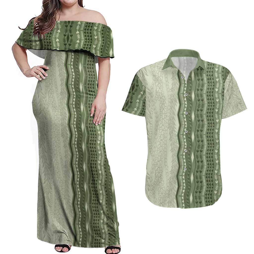 Vintage Sage Green Hawaiian Traditional Kapa Mix Flowers Lei Couples Matching Off Shoulder Maxi Dress and Hawaiian Shirt LT7 Sage Green - Polynesian Pride