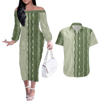 Vintage Sage Green Hawaiian Traditional Kapa Mix Flowers Lei Couples Matching Off The Shoulder Long Sleeve Dress and Hawaiian Shirt LT7 Sage Green - Polynesian Pride