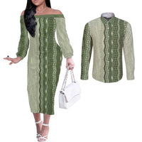 Vintage Sage Green Hawaiian Traditional Kapa Mix Flowers Lei Couples Matching Off The Shoulder Long Sleeve Dress and Long Sleeve Button Shirt LT7 Sage Green - Polynesian Pride