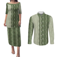 Vintage Sage Green Hawaiian Traditional Kapa Mix Flowers Lei Couples Matching Puletasi and Long Sleeve Button Shirt LT7 Sage Green - Polynesian Pride