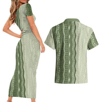 Vintage Sage Green Hawaiian Traditional Kapa Mix Flowers Lei Couples Matching Short Sleeve Bodycon Dress and Hawaiian Shirt LT7 - Polynesian Pride