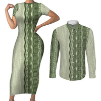 Vintage Sage Green Hawaiian Traditional Kapa Mix Flowers Lei Couples Matching Short Sleeve Bodycon Dress and Long Sleeve Button Shirt LT7 Sage Green - Polynesian Pride