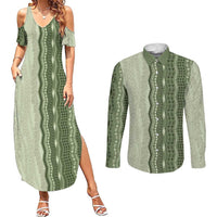 Vintage Sage Green Hawaiian Traditional Kapa Mix Flowers Lei Couples Matching Summer Maxi Dress and Long Sleeve Button Shirt LT7 Sage Green - Polynesian Pride