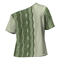 Vintage Sage Green Hawaiian Traditional Kapa Mix Flowers Lei Cross Shoulder Shirt