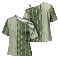 Vintage Sage Green Hawaiian Traditional Kapa Mix Flowers Lei Cross Shoulder Shirt