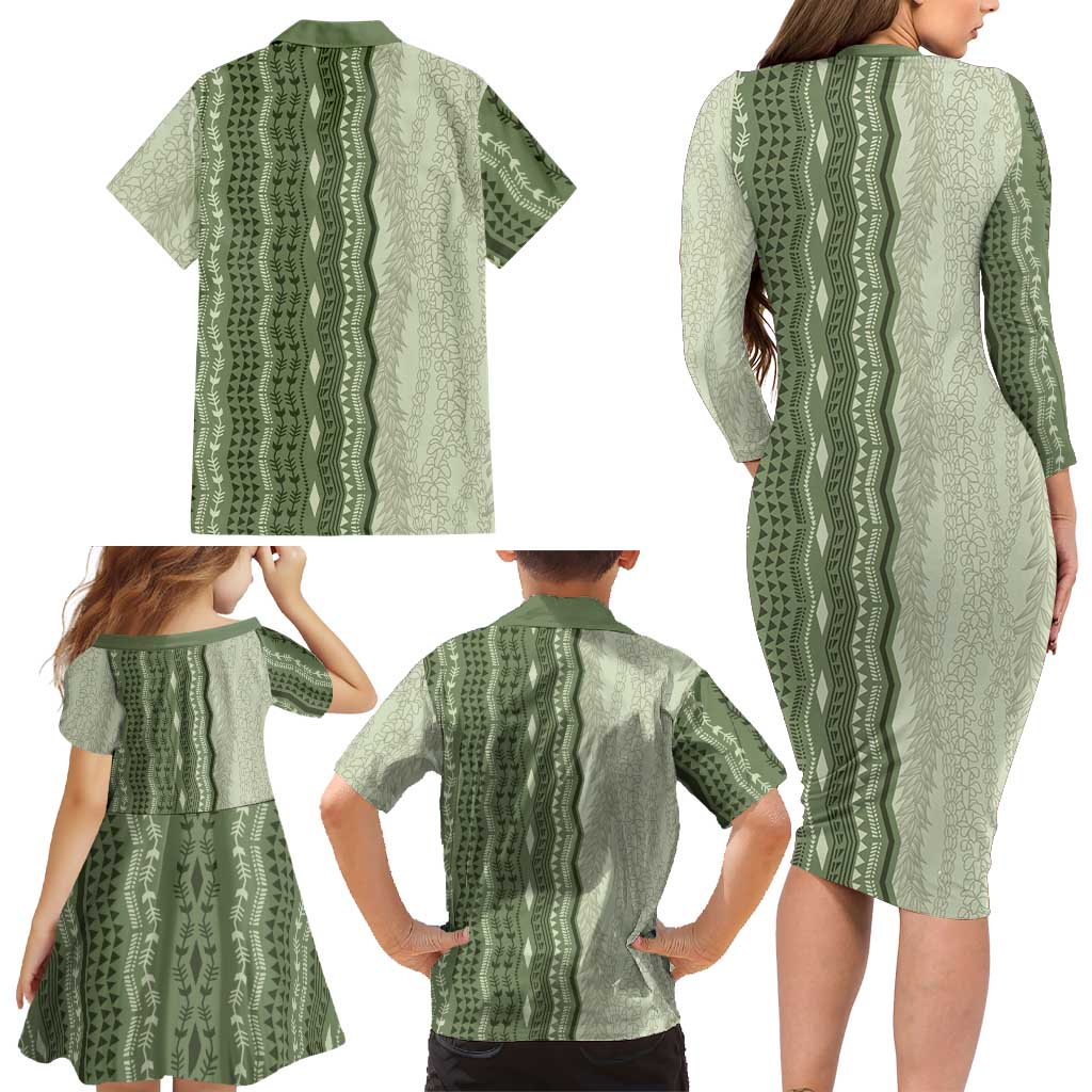 Vintage Sage Green Hawaiian Traditional Kapa Mix Flowers Lei Family Matching Long Sleeve Bodycon Dress and Hawaiian Shirt LT7 - Polynesian Pride