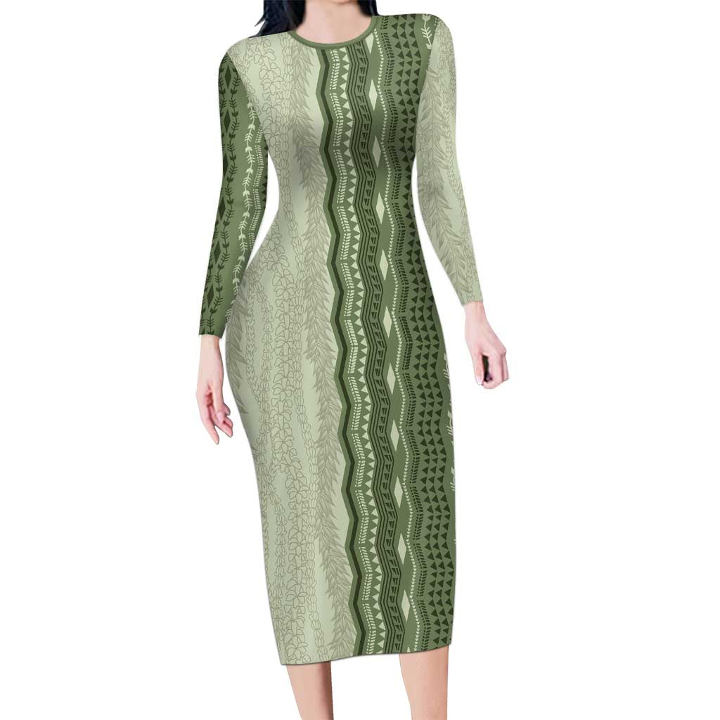 Vintage Sage Green Hawaiian Traditional Kapa Mix Flowers Lei Family Matching Long Sleeve Bodycon Dress and Hawaiian Shirt LT7 Mom's Dress Sage Green - Polynesian Pride