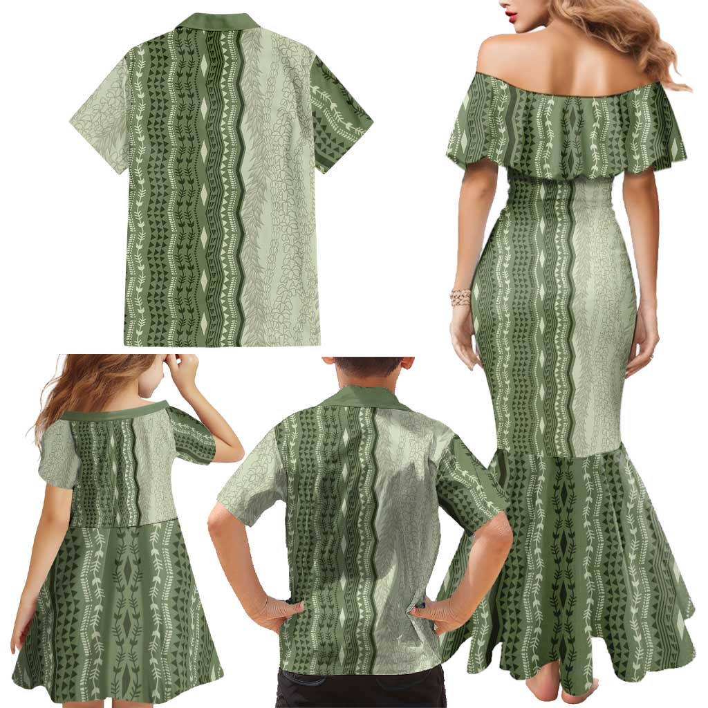 Vintage Sage Green Hawaiian Traditional Kapa Mix Flowers Lei Family Matching Mermaid Dress and Hawaiian Shirt LT7 - Polynesian Pride