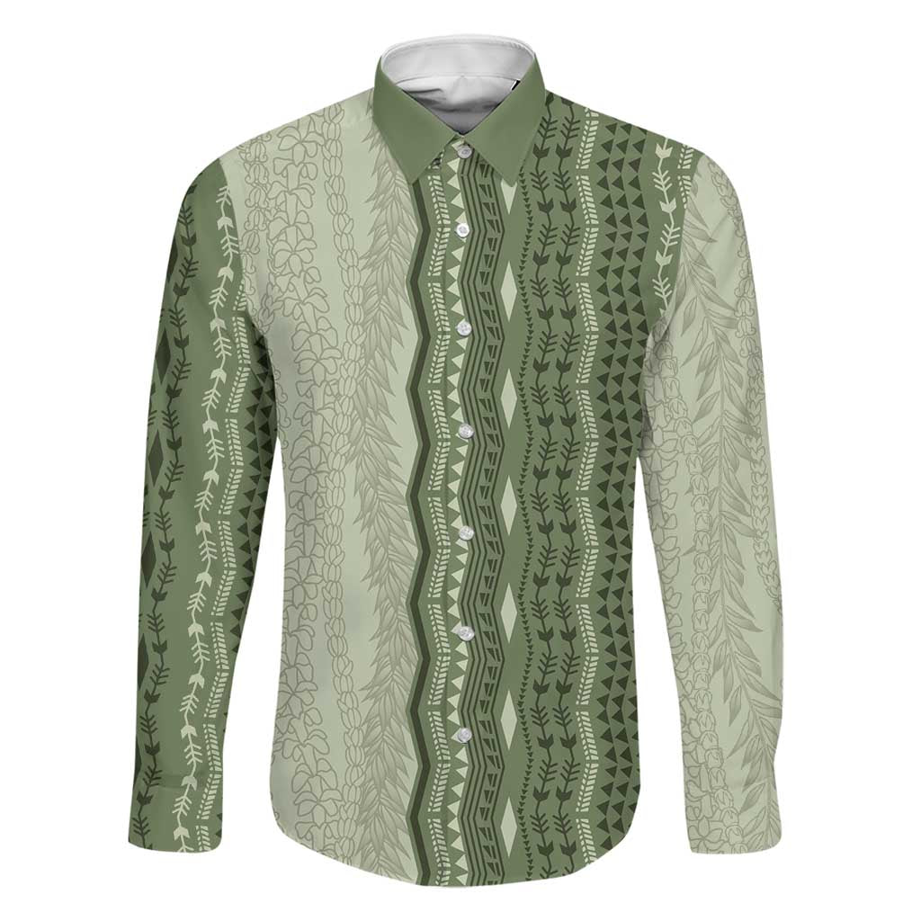 Vintage Sage Green Hawaiian Traditional Kapa Mix Flowers Lei Family Matching Off The Shoulder Long Sleeve Dress and Hawaiian Shirt LT7 Dad's Shirt - Long Sleeve Sage Green - Polynesian Pride
