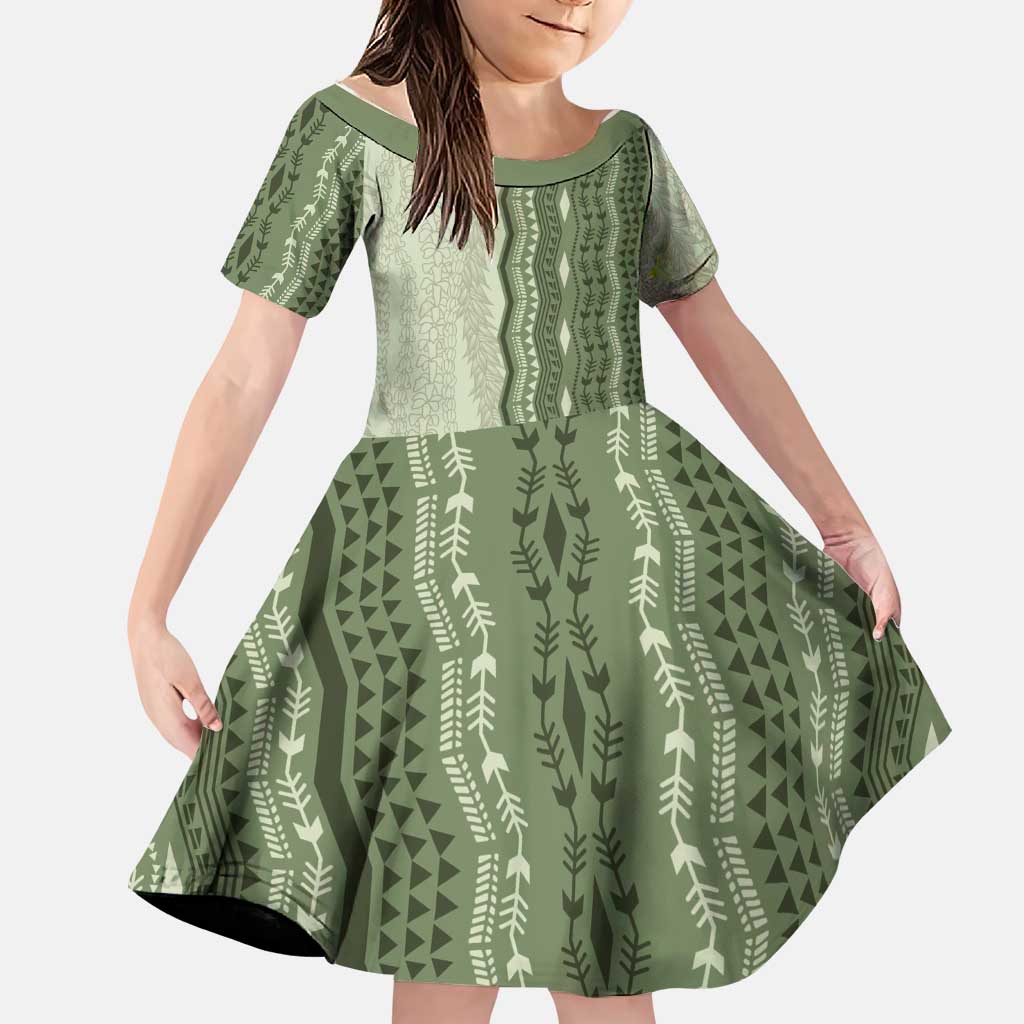 Vintage Sage Green Hawaiian Traditional Kapa Mix Flowers Lei Family Matching Off Shoulder Maxi Dress and Hawaiian Shirt LT7 Daughter's Dress Sage Green - Polynesian Pride