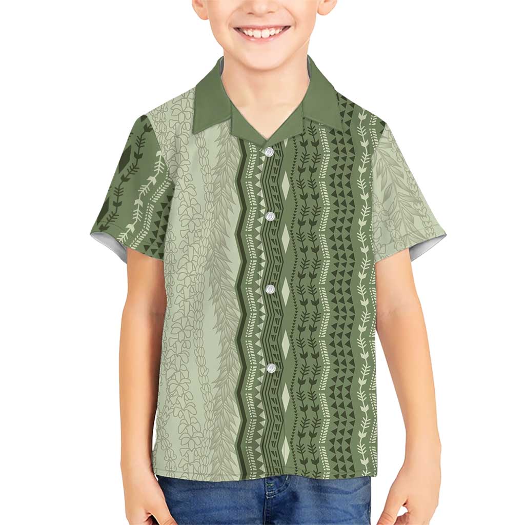Vintage Sage Green Hawaiian Traditional Kapa Mix Flowers Lei Family Matching Off Shoulder Short Dress and Hawaiian Shirt LT7 Son's Shirt Sage Green - Polynesian Pride