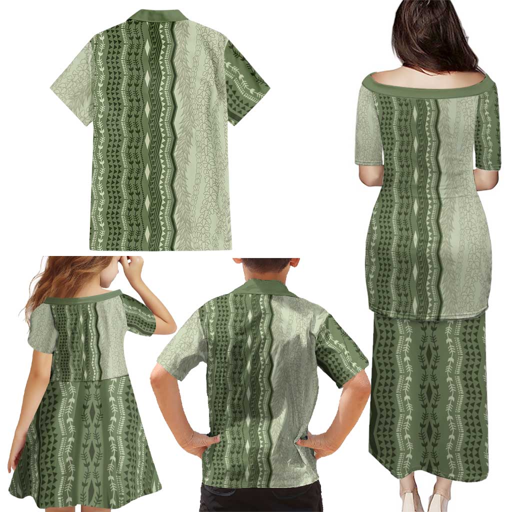 Vintage Sage Green Hawaiian Traditional Kapa Mix Flowers Lei Family Matching Puletasi and Hawaiian Shirt LT7 - Polynesian Pride
