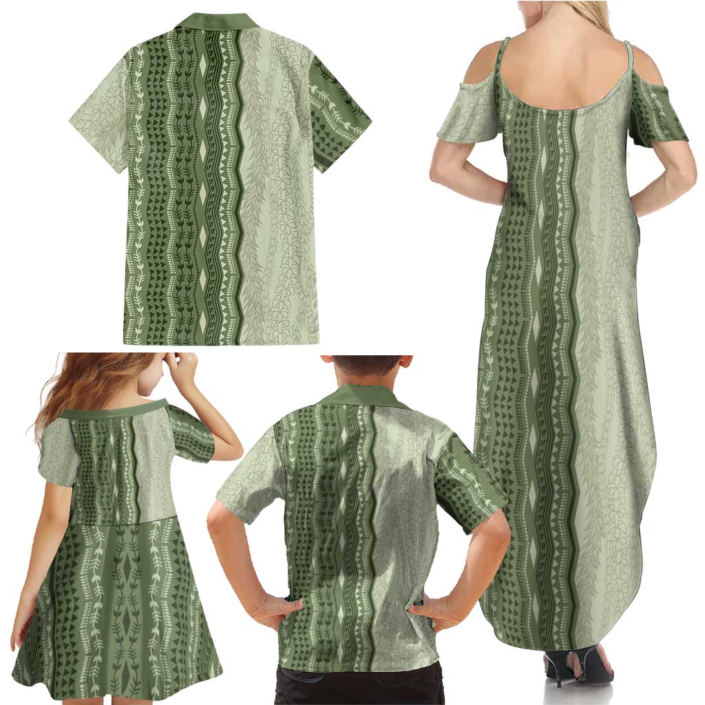 Vintage Sage Green Hawaiian Traditional Kapa Mix Flowers Lei Family Matching Summer Maxi Dress and Hawaiian Shirt LT7 - Polynesian Pride
