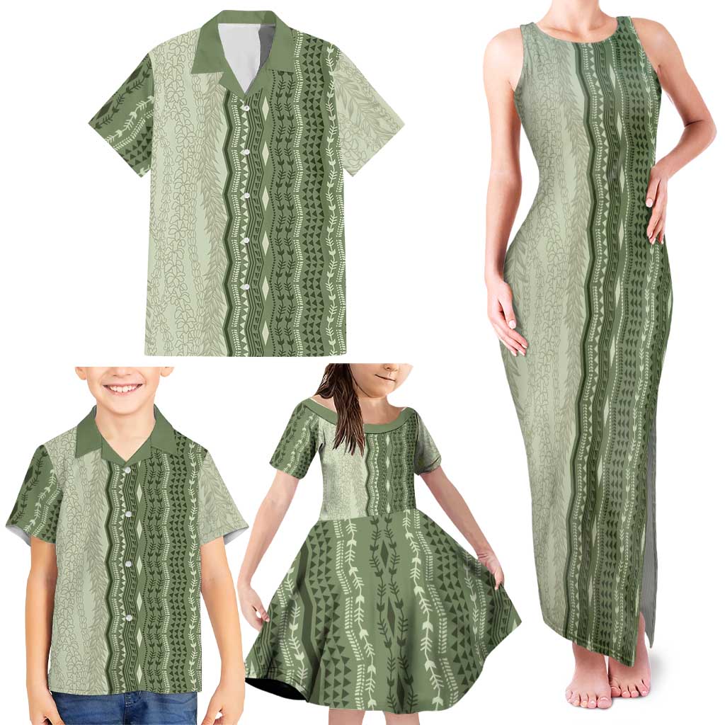 Vintage Sage Green Hawaiian Traditional Kapa Mix Flowers Lei Family Matching Tank Maxi Dress and Hawaiian Shirt LT7 - Polynesian Pride