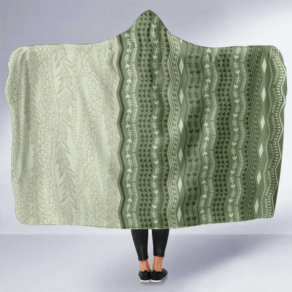 Vintage Sage Green Hawaiian Traditional Kapa Mix Flowers Lei Hooded Blanket