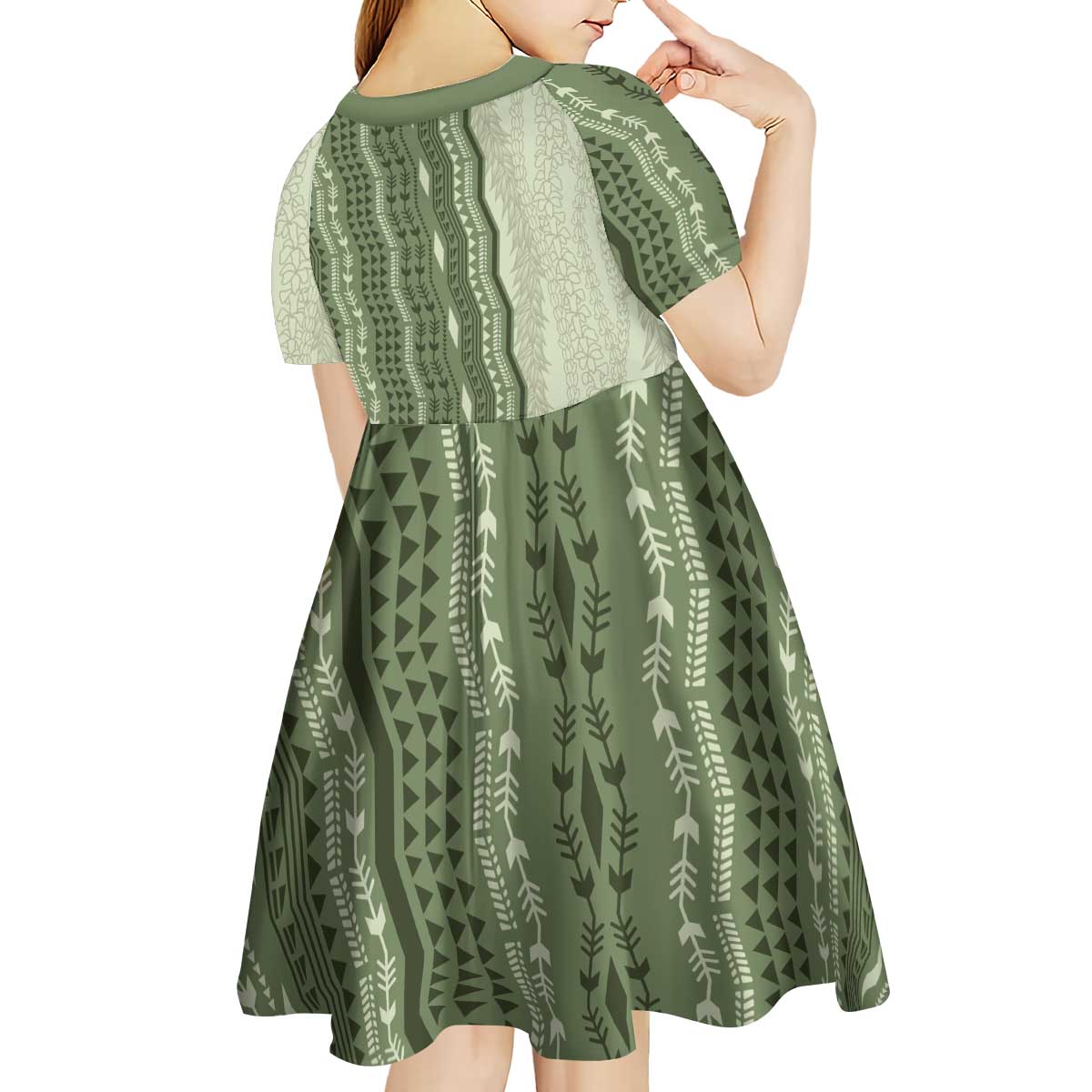 Vintage Sage Green Hawaiian Traditional Kapa Mix Flowers Lei Kid Short Sleeve Dress LT7 - Polynesian Pride