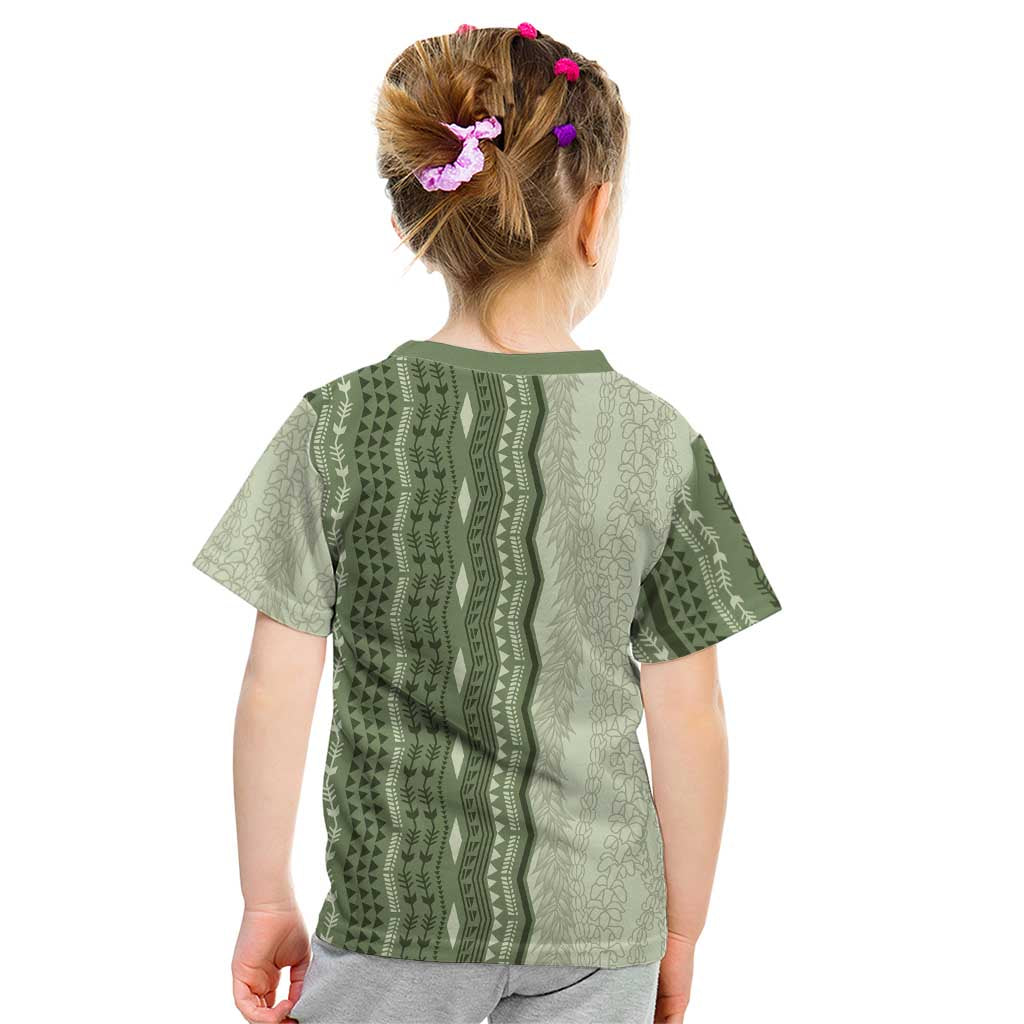 Vintage Sage Green Hawaiian Traditional Kapa Mix Flowers Lei Kid T Shirt