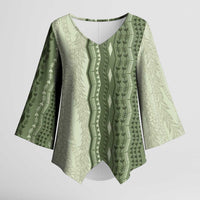 Vintage Sage Green Hawaiian Traditional Kapa Mix Flowers Lei Kimono Sleeve Blouse