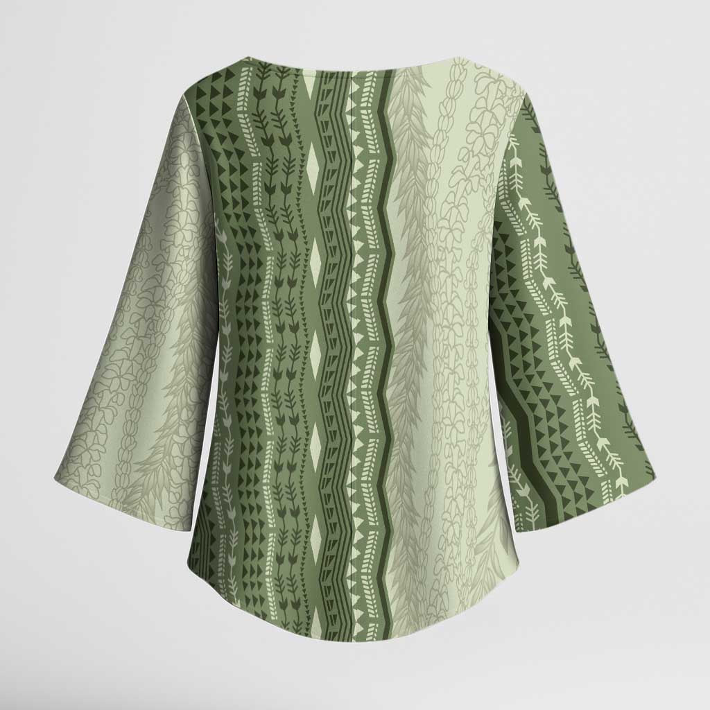 Vintage Sage Green Hawaiian Traditional Kapa Mix Flowers Lei Kimono Sleeve Blouse