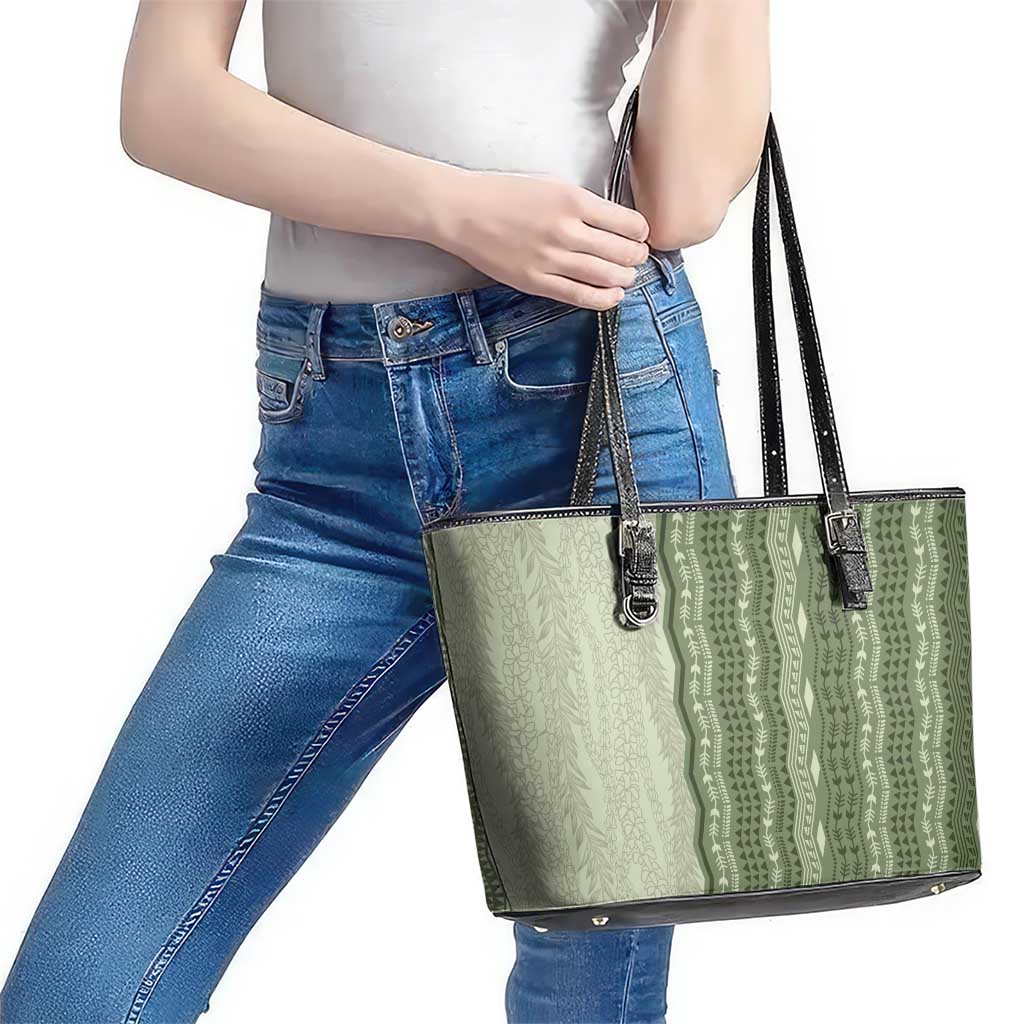 Vintage Sage Green Hawaiian Traditional Kapa Mix Flowers Lei Leather Tote Bag