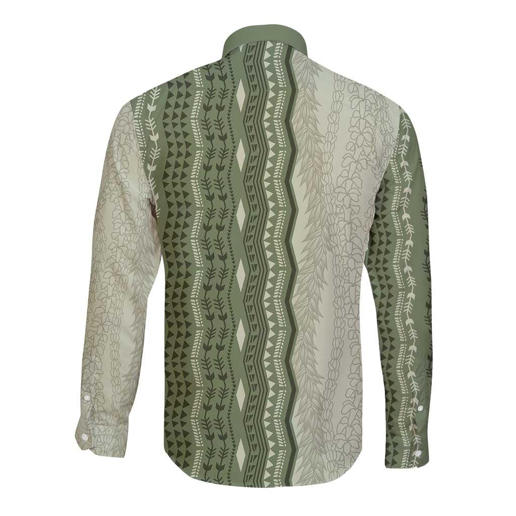 Vintage Sage Green Hawaiian Traditional Kapa Mix Flowers Lei Long Sleeve Button Shirt