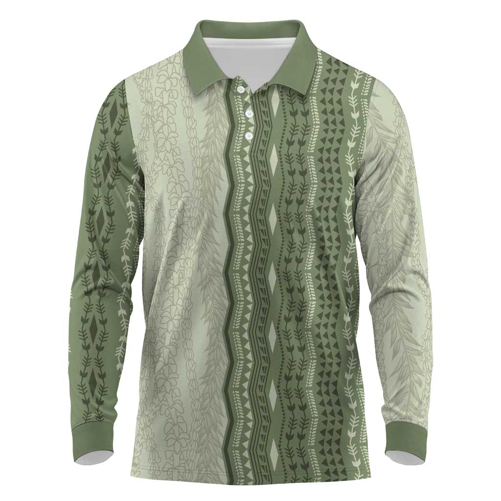 Vintage Sage Green Hawaiian Traditional Kapa Mix Flowers Lei Long Sleeve Polo Shirt LT7 Sage Green - Polynesian Pride