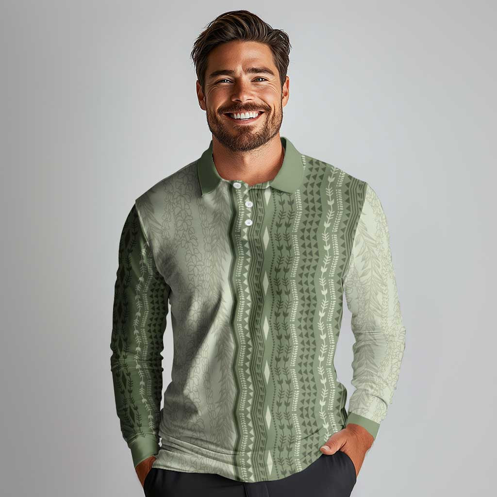Vintage Sage Green Hawaiian Traditional Kapa Mix Flowers Lei Long Sleeve Polo Shirt LT7 - Polynesian Pride