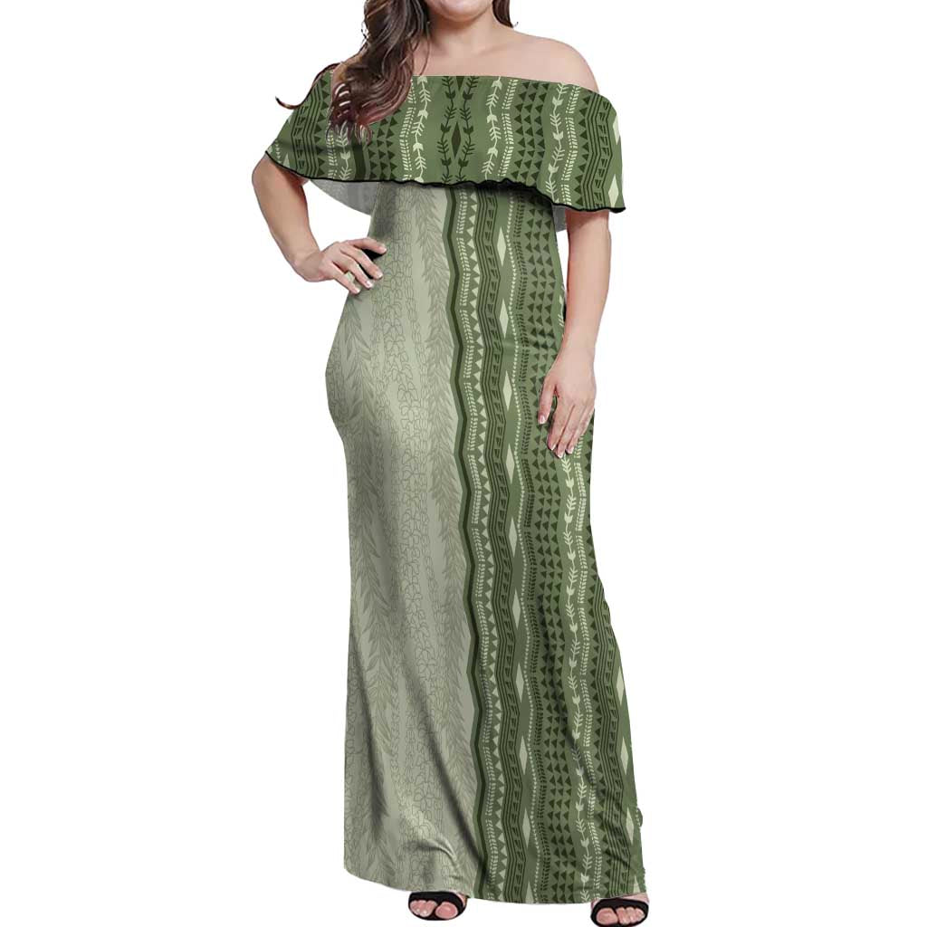 Vintage Sage Green Hawaiian Traditional Kapa Mix Flowers Lei Off Shoulder Maxi Dress LT7 Women Sage Green - Polynesian Pride