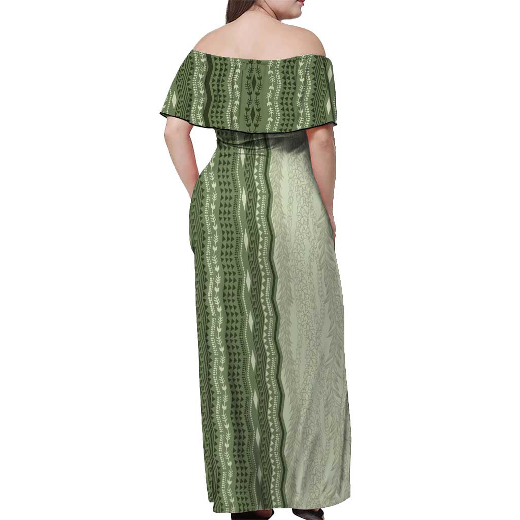 Vintage Sage Green Hawaiian Traditional Kapa Mix Flowers Lei Off Shoulder Maxi Dress LT7 - Polynesian Pride