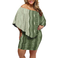 Vintage Sage Green Hawaiian Traditional Kapa Mix Flowers Lei Off Shoulder Short Dress LT7 Women Sage Green - Polynesian Pride