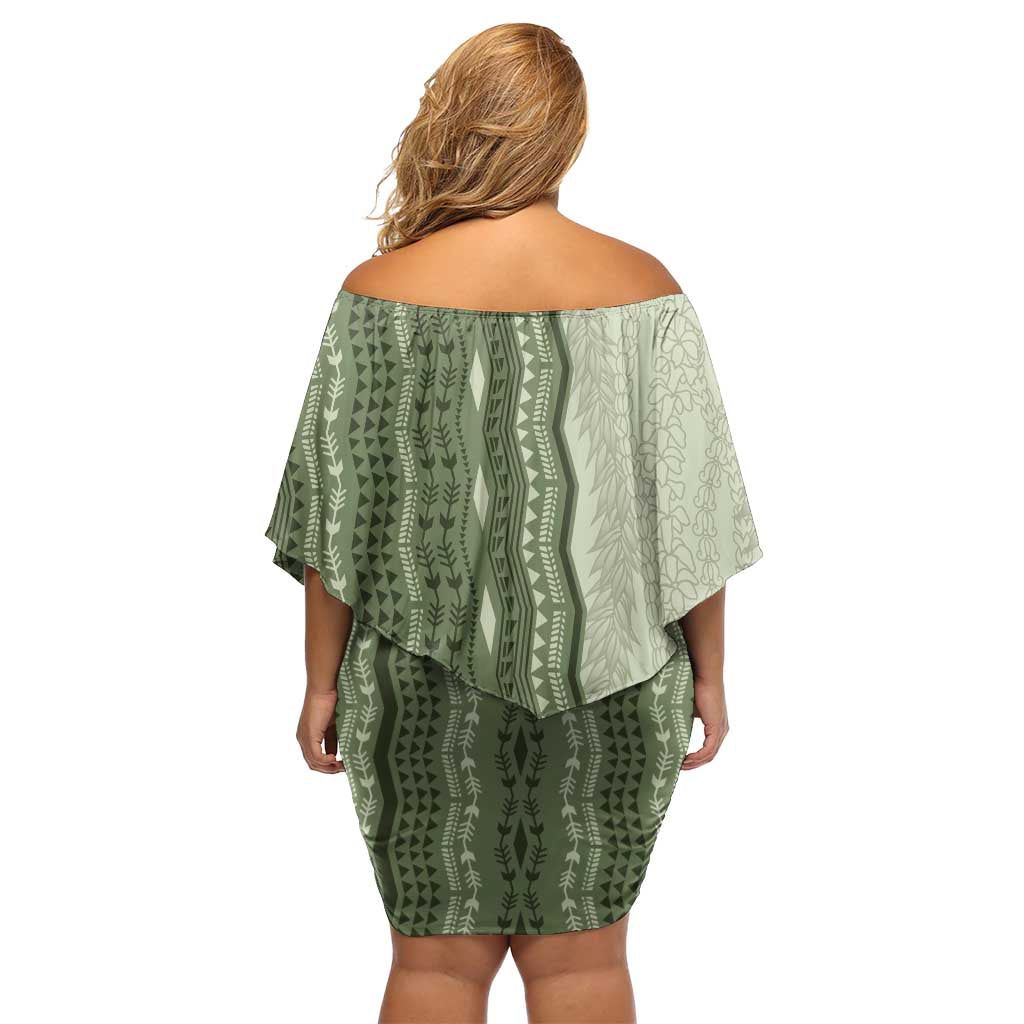 Vintage Sage Green Hawaiian Traditional Kapa Mix Flowers Lei Off Shoulder Short Dress LT7 - Polynesian Pride