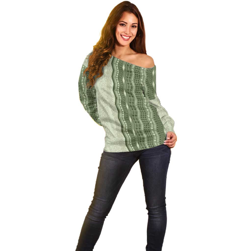Vintage Sage Green Hawaiian Traditional Kapa Mix Flowers Lei Off Shoulder Sweater